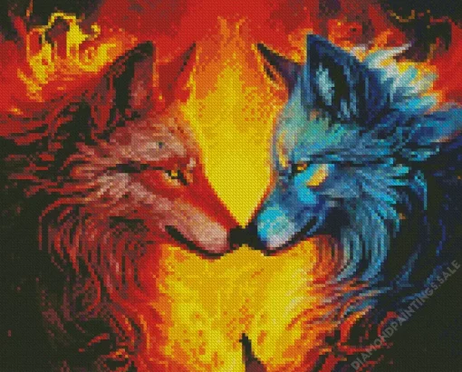 Blue And Red Fire Wolf Diamond Painting
