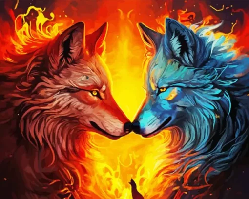 Blue And Red Fire Wolf Diamond Painting