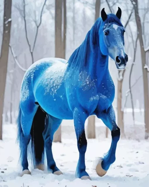 Blue Black Horse In Snow Diamond Painting