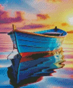 Blue Boat At Sunset Diamond Painting
