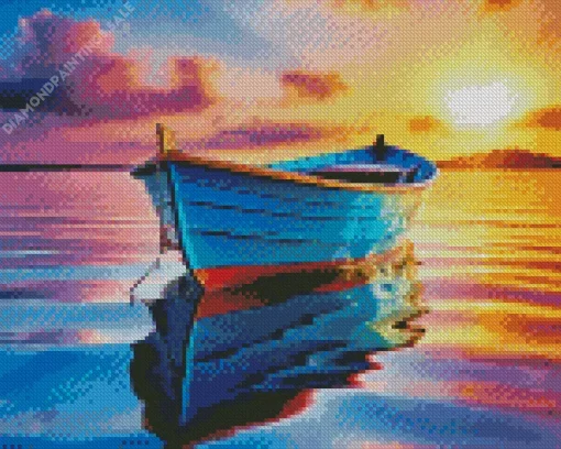 Blue Boat At Sunset Diamond Painting