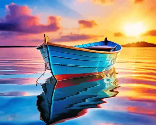 Blue Boat At Sunset Diamond Painting