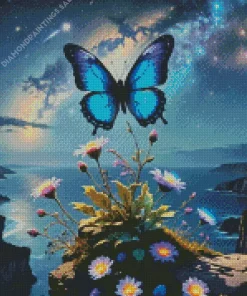 Blue Butterfly And Flowers Diamond Painting