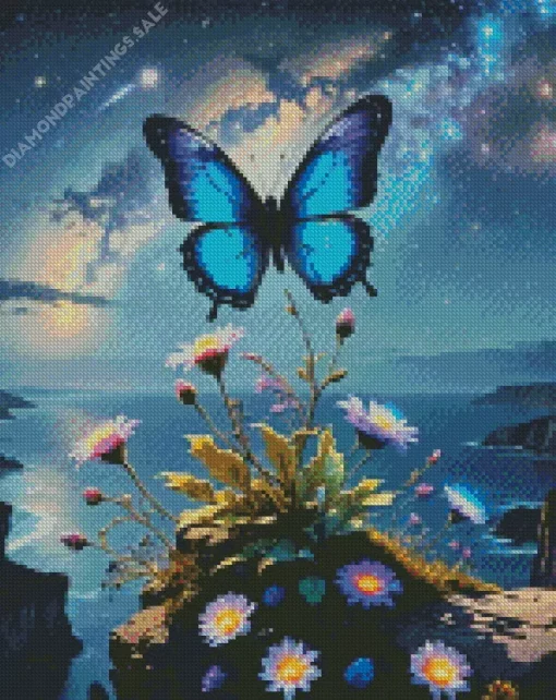 Blue Butterfly And Flowers Diamond Painting