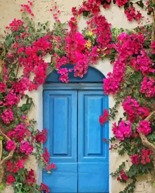 Blue Door Flowers Diamond Painting