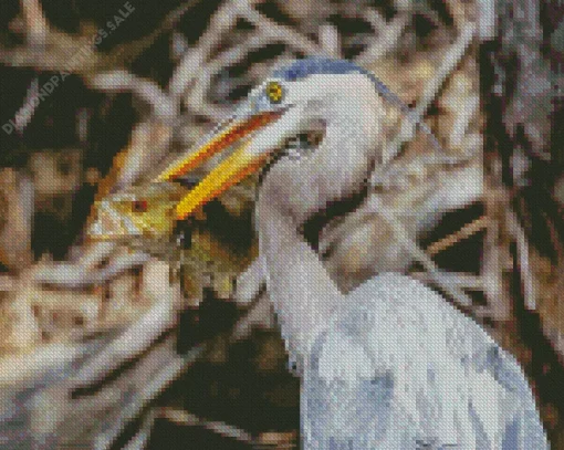 Blue Heron Eating Fish Diamond Painting