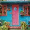 Blue House With Pink Door Diamond Painting