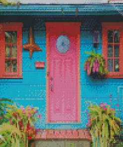 Blue House With Pink Door Diamond Painting