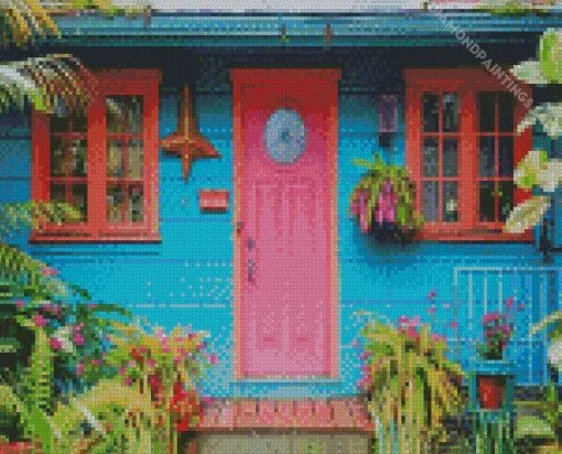 Blue House With Pink Door Diamond Painting