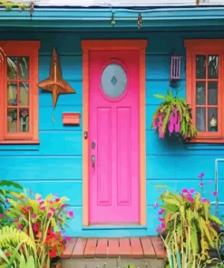 Blue House With Pink Door Diamond Painting