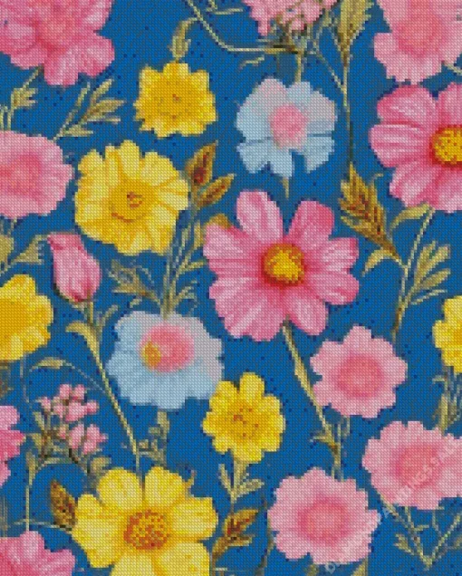 Blue Pink And Yellow Flowers Diamond Painting