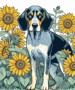 Bluetick Coonhound And Sunflowers Diamond Painting