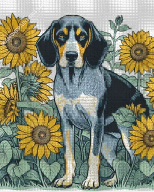 Bluetick Coonhound And Sunflowers Diamond Painting