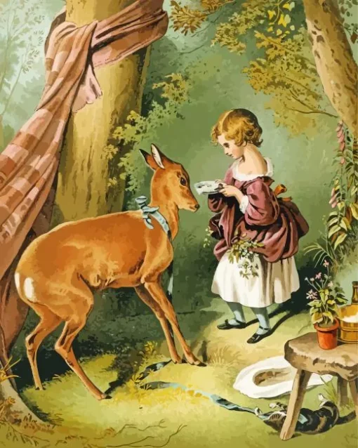 Deer And Girl Diamond Painting