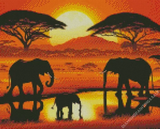Elephants Family Silhouette Diamond Painting