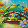 Green Turtle And Flowers Diamond Painting