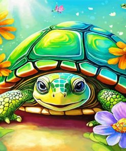 Green Turtle And Flowers Diamond Painting