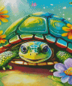 Green Turtle And Flowers Diamond Painting
