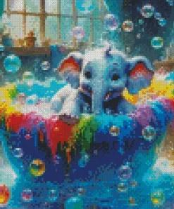 Little Elephant Bathing In A Colorful Bath Diamond Painting