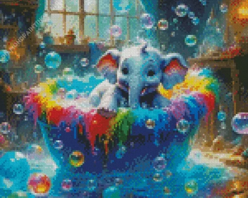 Little Elephant Bathing In A Colorful Bath Diamond Painting
