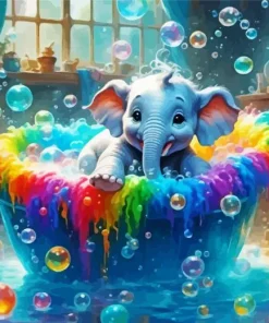 Little Elephant Bathing In A Colorful Bath Diamond Painting