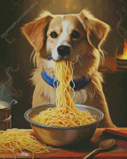 Puppy Eating Noodles Diamond Painting