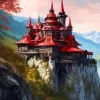 Red Fantasy Mountain Castle Art Diamond Painting