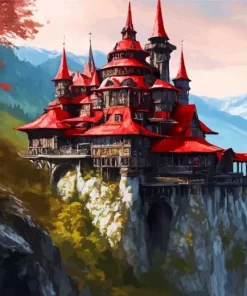 Red Fantasy Mountain Castle Art Diamond Painting