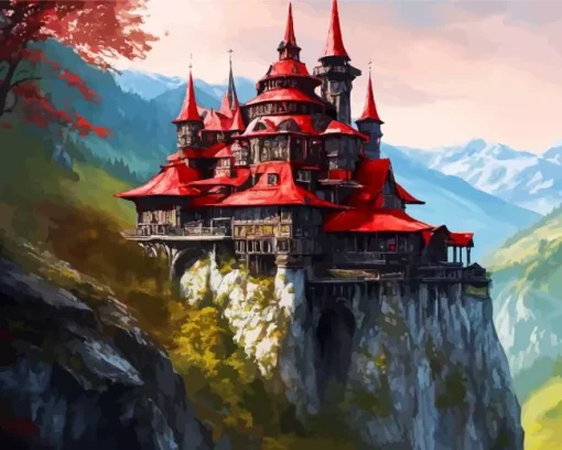 Red Fantasy Mountain Castle Art Diamond Painting
