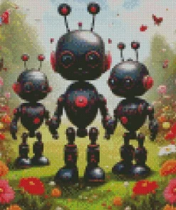 Robots In Floral Garden Diamond Painting