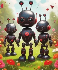 Robots In Floral Garden Diamond Painting