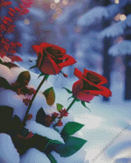 Roses In Snow Diamond Painting