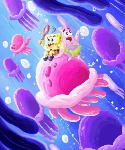 Spongebob And Patrick Jellyfishing Diamond Painting