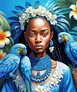African Girl With Blue Parrots Diamond Painting