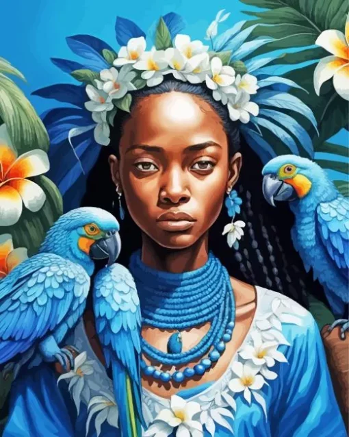 African Girl With Blue Parrots Diamond Painting