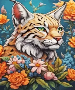 Bobcat And Flowers Diamond Painting