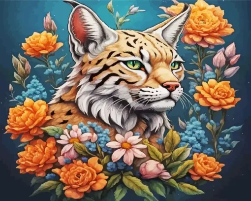 Bobcat And Flowers Diamond Painting