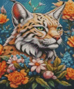Bobcat And Flowers Diamond Painting