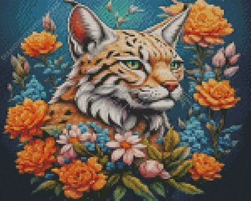 Bobcat And Flowers Diamond Painting