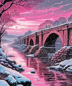 Pink Bridge In Snow Diamond Painting