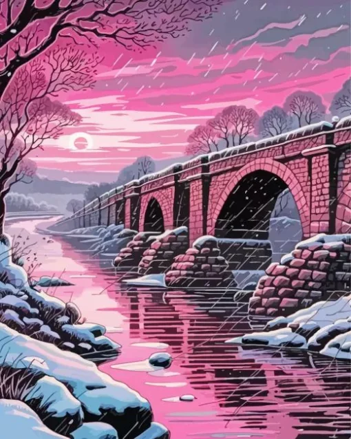 Pink Bridge In Snow Diamond Painting