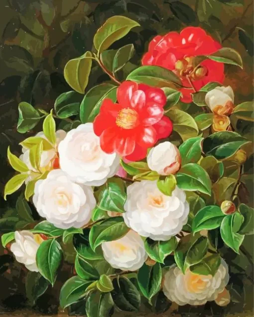 Red And White Camellias Bouquet Diamond Painting