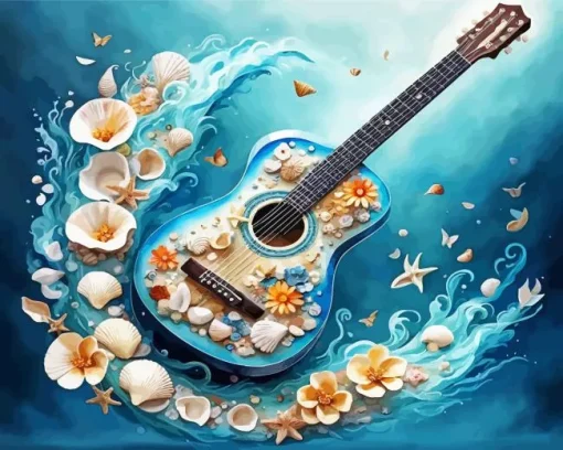 Blue Floral Guitar Diamond Painting