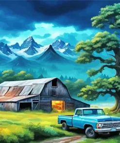 Blue Truck Barn Art Diamond Painting