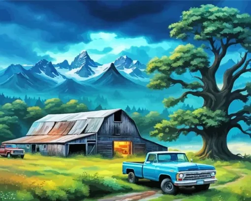 Blue Truck Barn Art Diamond Painting