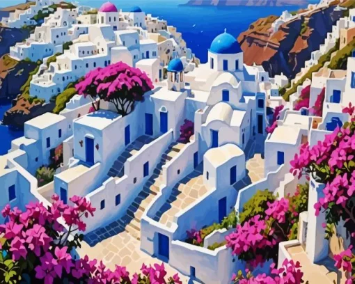 Bougainvillea Santorini Greek Island Diamond Painting
