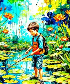 Boy Fishing In Pond Diamond Painting