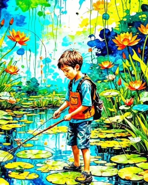 Boy Fishing In Pond Diamond Painting