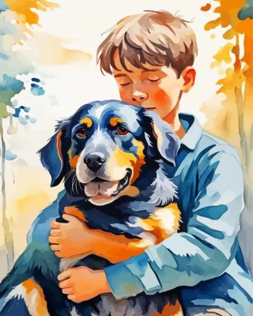 Boy Hugging Dog Art Diamond Painting