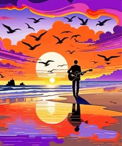 Boy With Guitar Silhouette At Sunset Diamond Painting